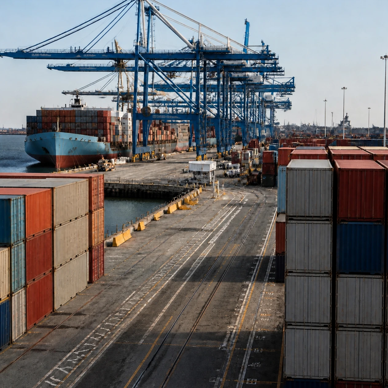 Shipping containers at a US port, where plywood imports from Vietnam and Indonesia arrive