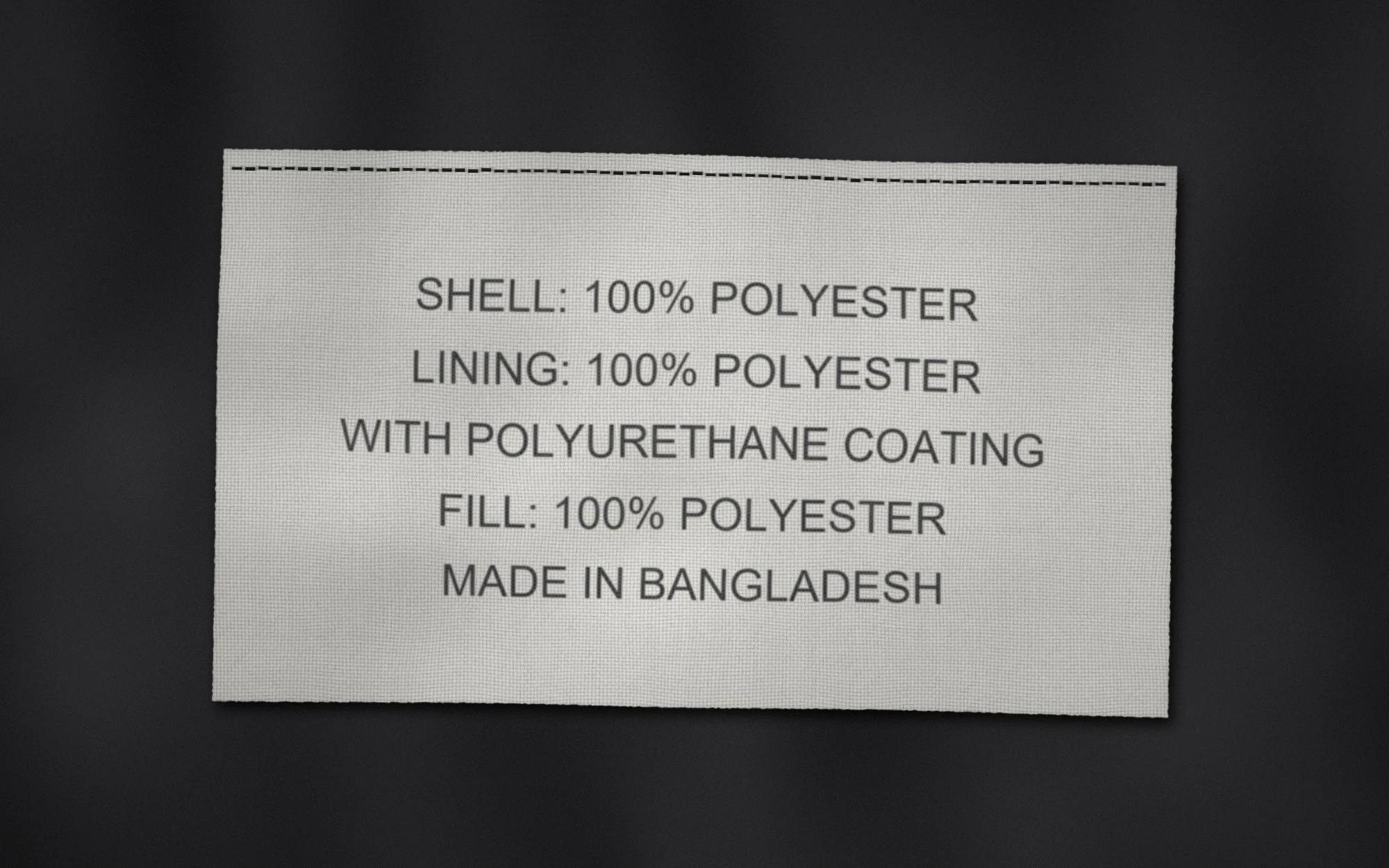 Jacket content label listing polyester shell and lining fabrics, the first check for tariff classification