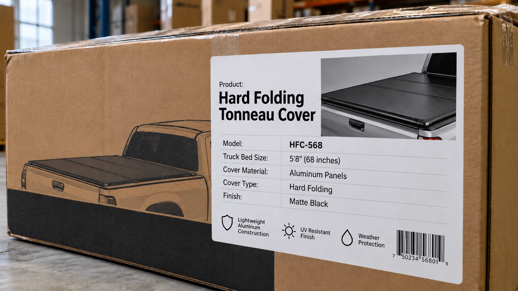 Tonneau cover box label with bed size and material for a truck bed cover scope check